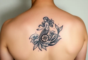 Mermaid in waves with compass tattoo idea