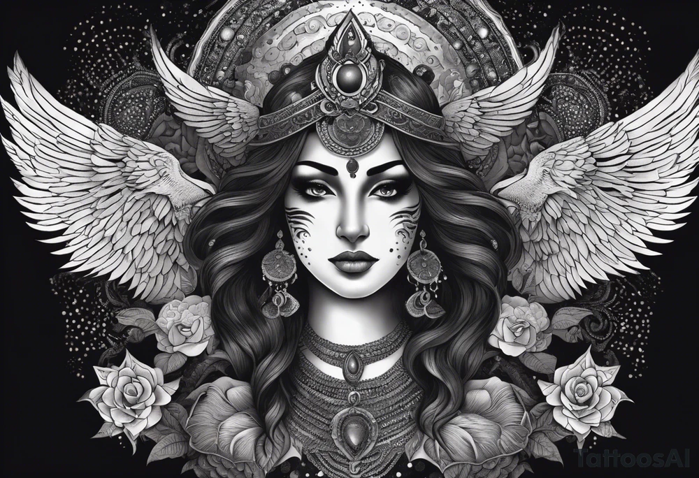 black kali, goddess pirate, alien, angel, pachamama, valkrye, warrior, flying, skull, lotus azul, wing, eagle, zenza resonance, stars, 5D, anahata chakra, death, durga, riding on a tiger, flying lady, kundalini, chest tatoo, samuri, rebel, serpent tattoo idea