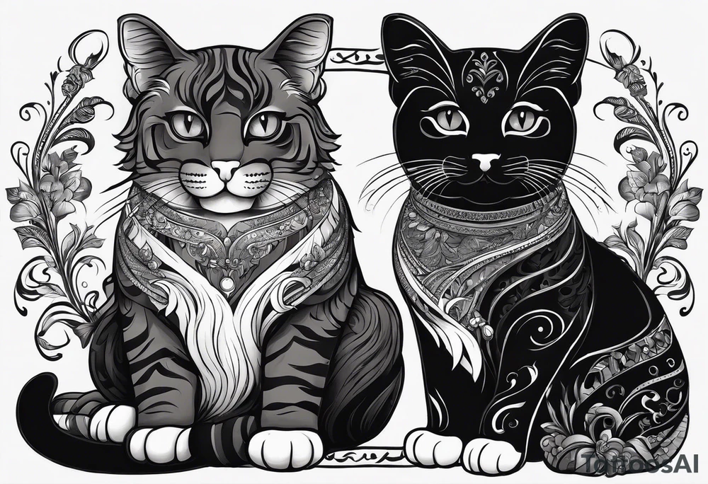 2 Coffee drinking Cats. One is black with white paws and a white tail tip. The other one is black and gray, classic tiger pattern. It should Look really french. tattoo idea