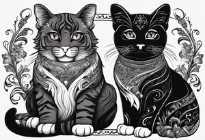 2 Coffee drinking Cats. One is black with white paws and a white tail tip. The other one is black and gray, classic tiger pattern. It should Look really french. tattoo idea