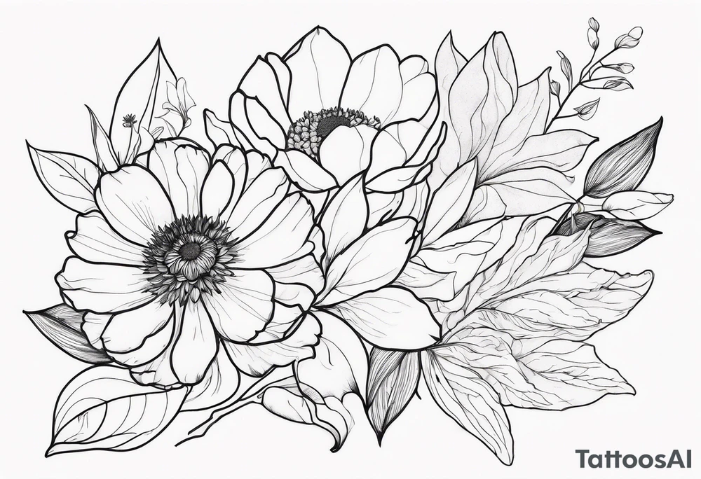 peony, calendula, sunflower, tulip, cherry blossom, ginko leaf tattoo idea