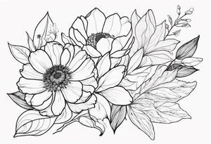 peony, calendula, sunflower, tulip, cherry blossom, ginko leaf tattoo idea