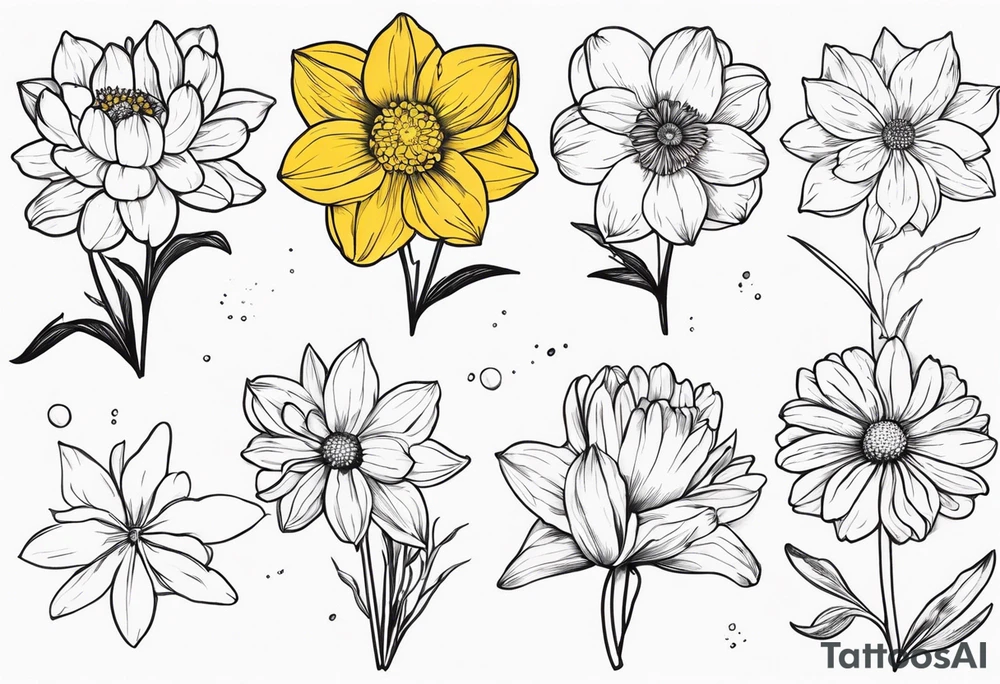 Narcissus, Chrysanthemum, Cosmos, snow drop that shows all the flower stems for the back of the arm. tattoo idea