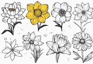Narcissus, Chrysanthemum, Cosmos, snow drop that shows all the flower stems for the back of the arm. tattoo idea
