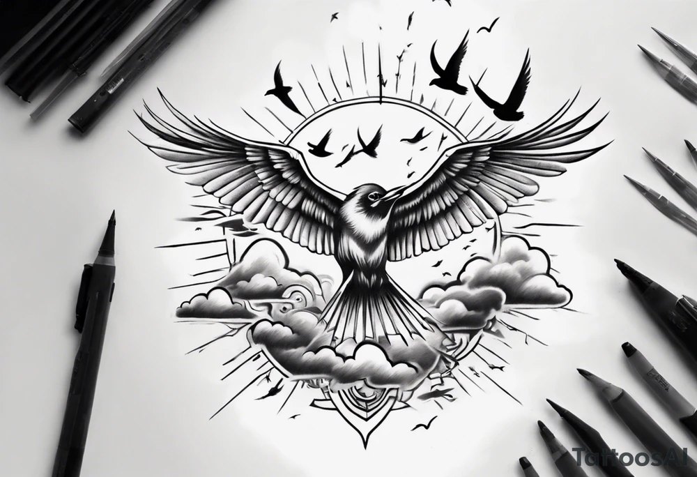a shoulder tattoo with lots of rays of light in gradient starting from the middle
, clouds and birds flying free tattoo idea