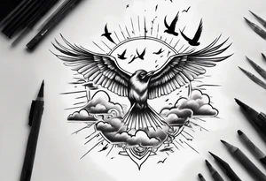 a shoulder tattoo with lots of rays of light in gradient starting from the middle
, clouds and birds flying free tattoo idea