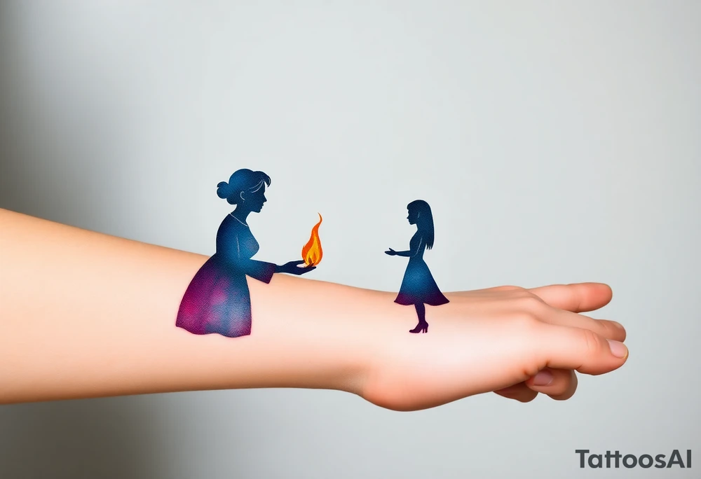 Silhouette of grandmother, mother and daughter passing a flame from oldest to youngest with the flame growing as it goes. tattoo idea