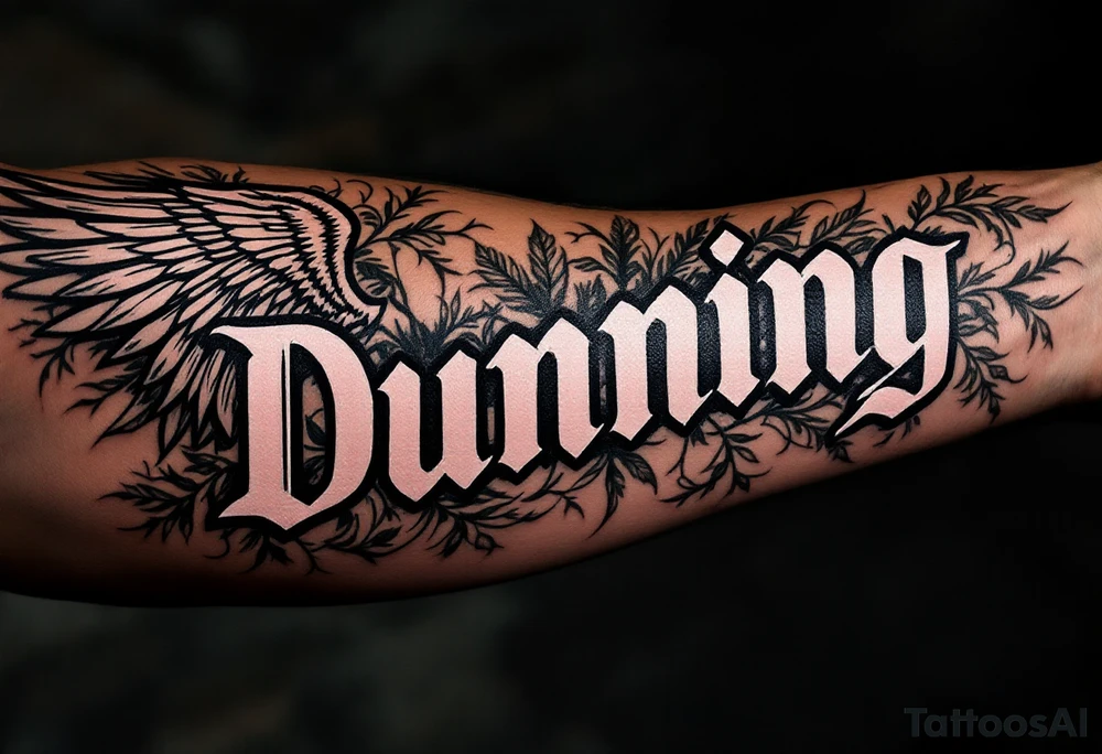 Dunning, left forearm details include angel wing, greek type of font,jungle leaves, name is big and in white color tattoo idea