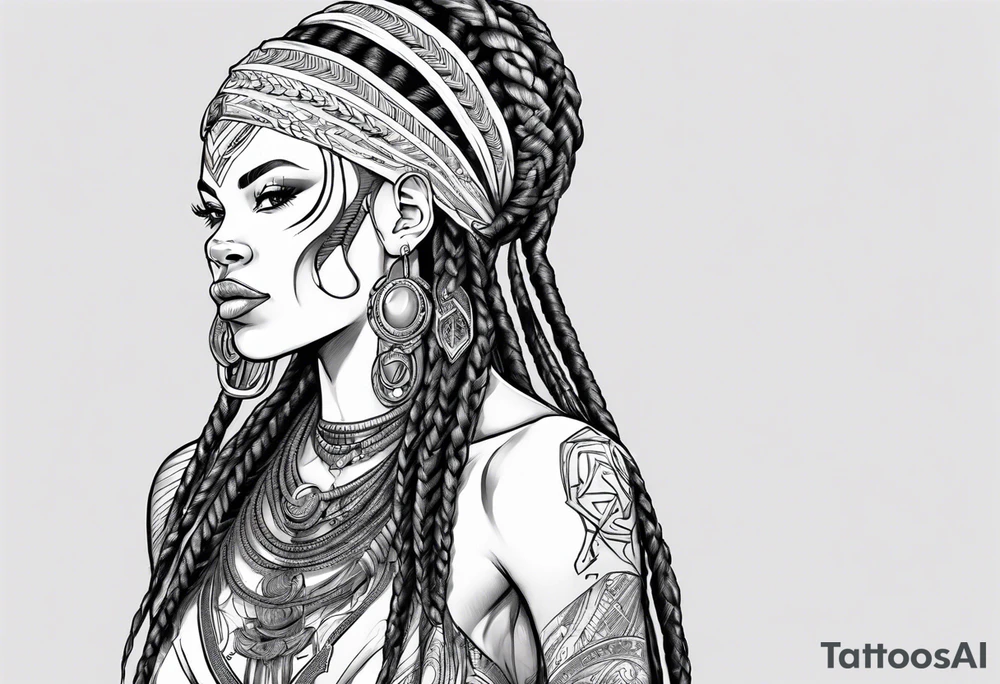 African female valkyre full body angelic
slim face long braided hair tattoo idea