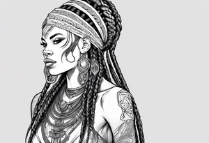 African female valkyre full body angelic
slim face long braided hair tattoo idea