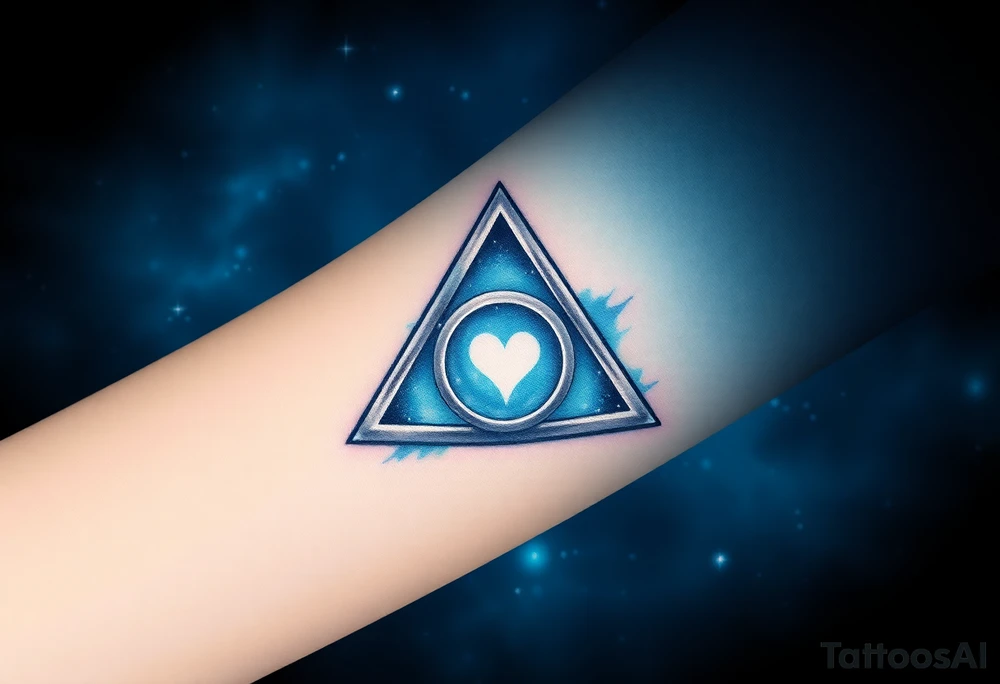 A Deathly Hallows full symbol floating within a starry night sky, its edges glowing in soft silver and deep cosmic blue tattoo idea