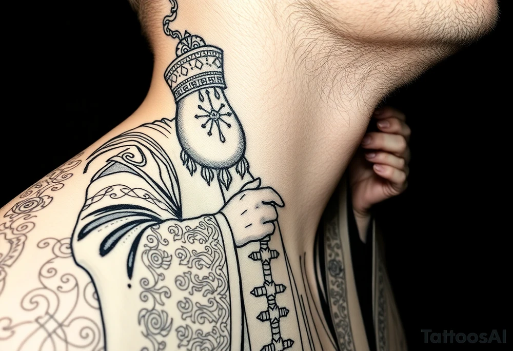 A Russian Orthodox Priest in full gold vestments swinging a censer with smoke curling upward 

The ornate robes give incredible fine line detail
The incense smoke could flow and connect to other elements
It ties directly into the church and Virgin Mary you already have
Very culturally authentic to the overall theme tattoo idea