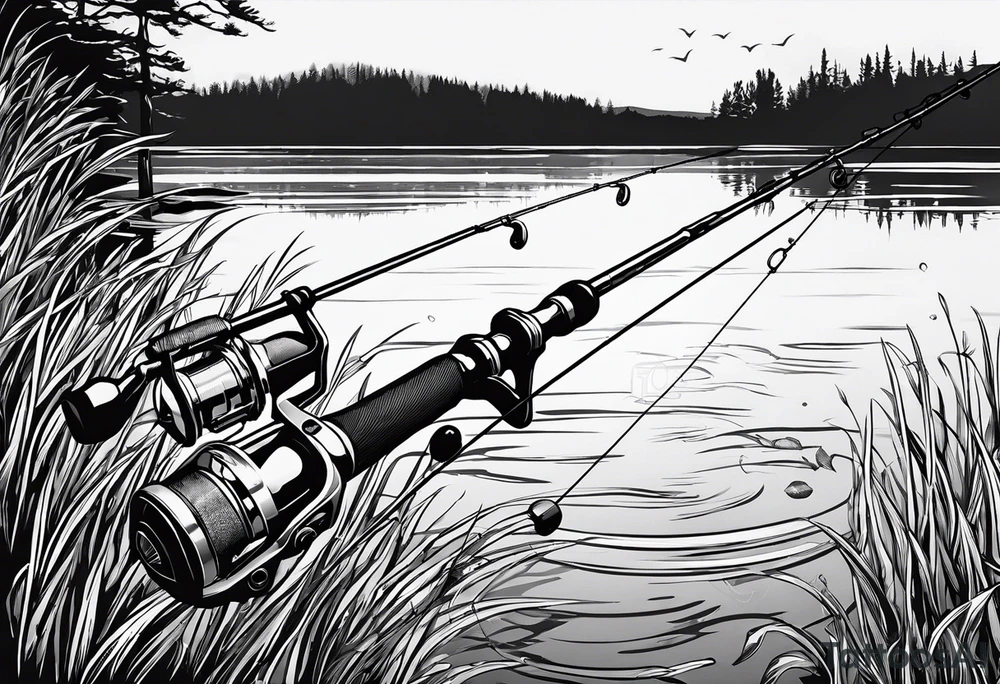 Fishing rod on a lake bank
do not put a fish in the picture fine line silhouette tattoo idea