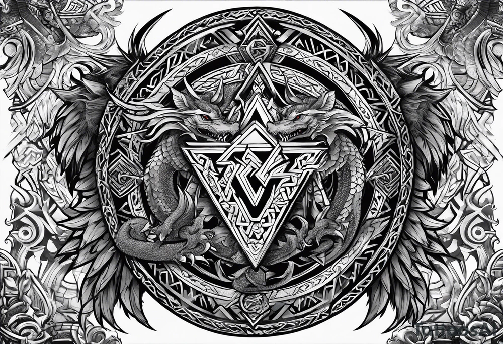 Valhalla sword shield dragon axe Valknut tribal tattoo idea Valhalla sword shield dragon axe Valknut tribal tattoo idea