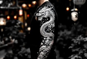 Chinese dragon flying towards the sky surrounded by chinese lanterns tattoo idea