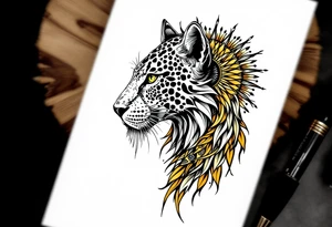 a mix the nemean lion, a warrior of the goddess Bastet, and a leopard, combined with the sun and French pattern, facing left in profile tattoo idea