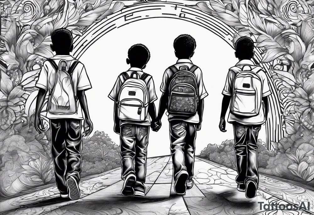 full bodies of 3 black school age boys walking away together and one is looking to the side at the one in the middle tattoo idea