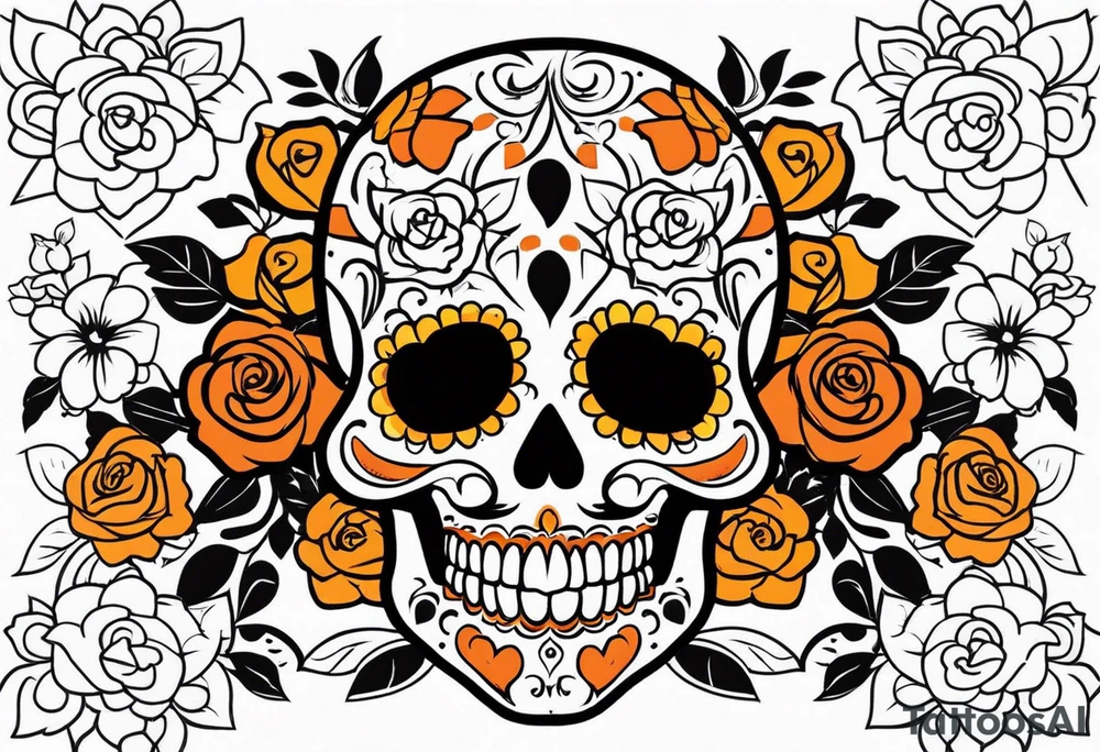 Sugar skull with roses that are orange and black tattoo idea