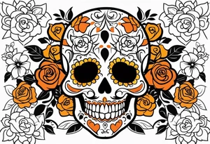 Sugar skull with roses that are orange and black tattoo idea