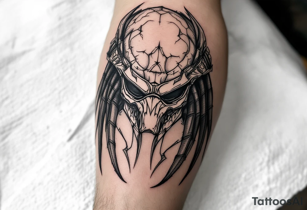 Super Predator Gladiator – A Yautja engineered for arena combat, with reinforced, plate-like exoskeleton skin, heavier war armor, and trophy blades fused into its gauntlets. Its mask resembles a demonic beast from Yautja mythology. tattoo idea