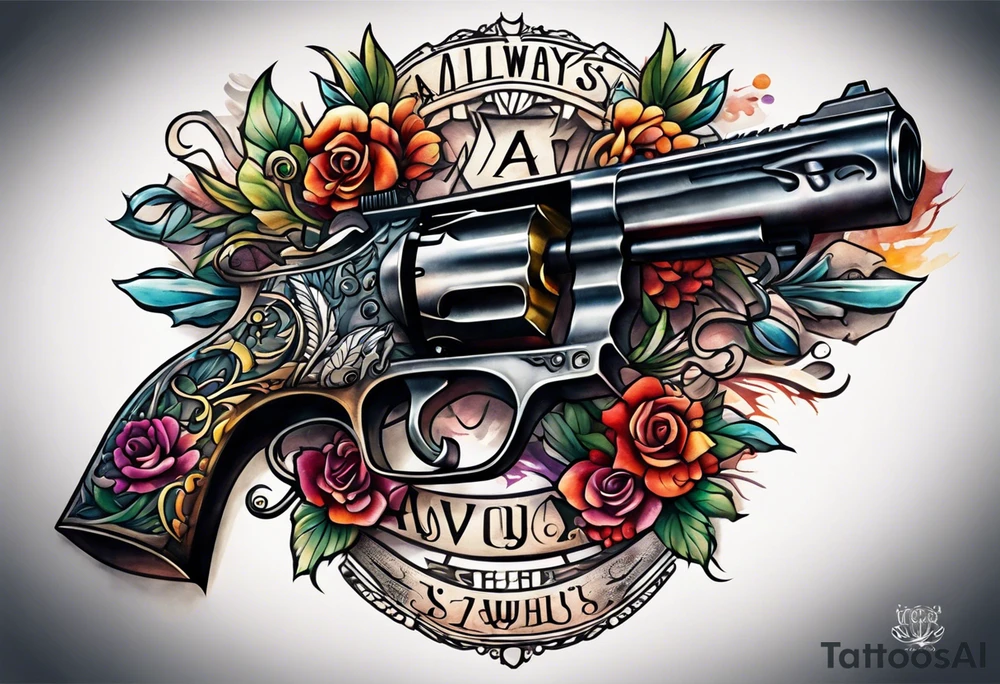 The letters AR with a pistol on each side and the word always on the top and ready on the bottom tattoo idea
