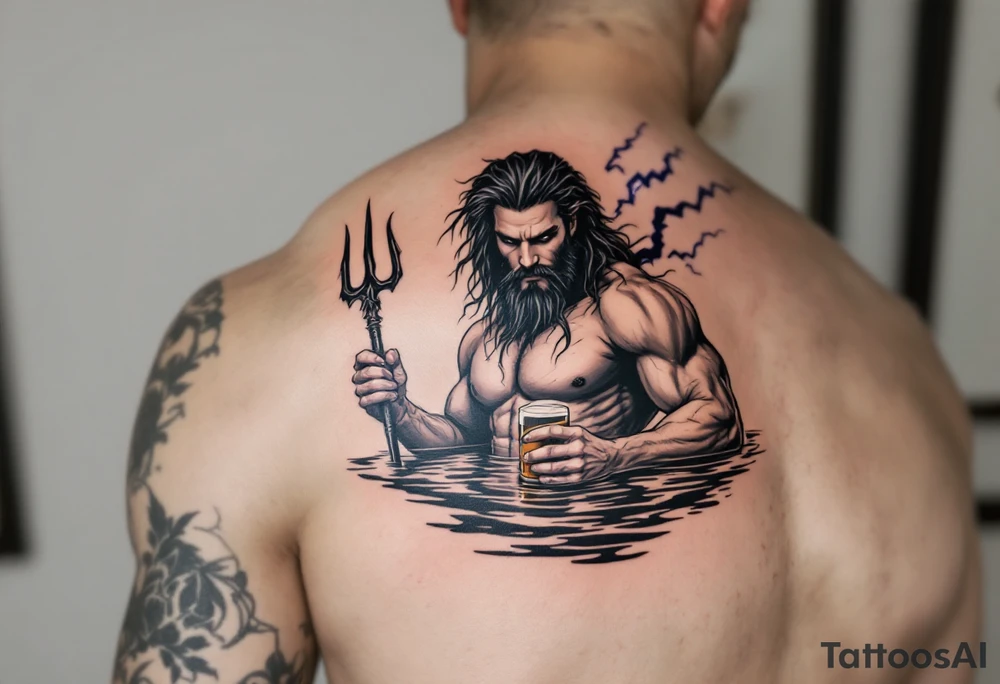 young, fit poseidon in calm water, holding a trident, holding a beer, with lightning behind tattoo idea