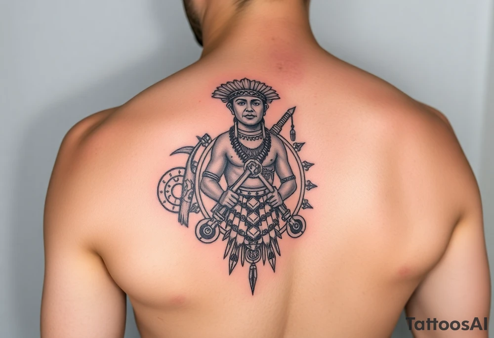Purepecha warrior surrounded by purepecha symbols on forearm tattoo idea