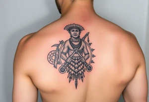 Purepecha warrior surrounded by purepecha symbols on forearm tattoo idea