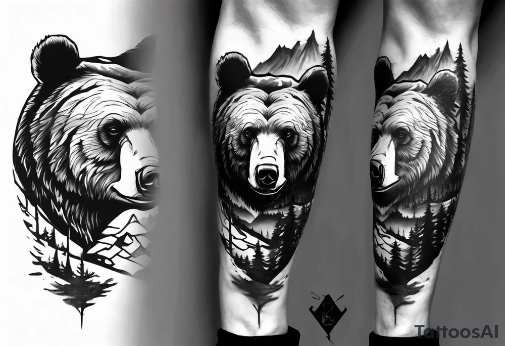 bear head right above the forest line with a lake below, full arm sleeve tattoo tattoo idea