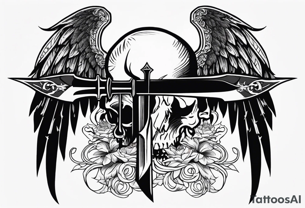 In the center is a half skull pierced by a large sword. On either side of the skull, there are spread angel wings, Beneath the skull is a ribbon cross elements on that, ribbon weaves through both the skull and the sword tattoo idea
