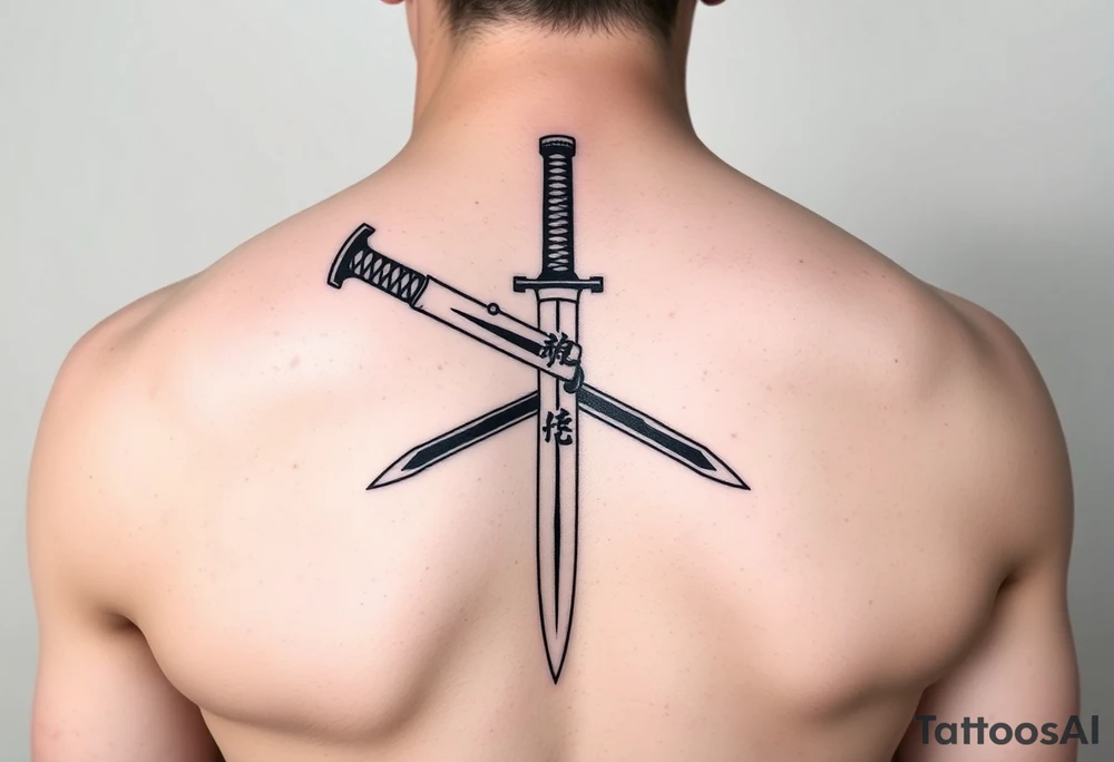 Katana with a black belt and fabled written in korean tattoo idea