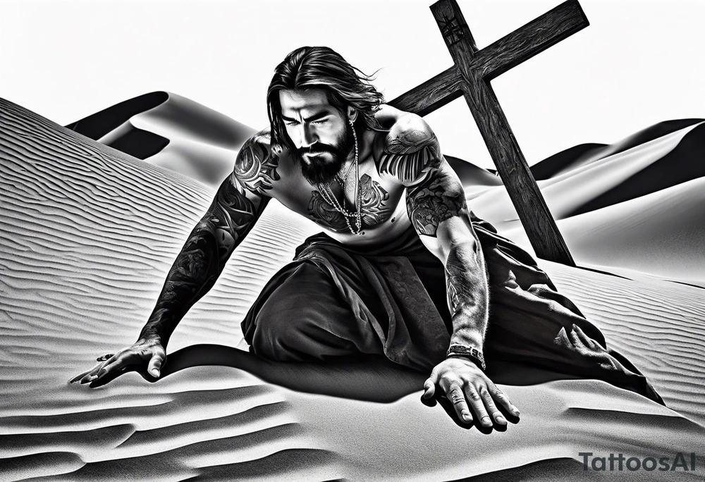 man crawling in a desert reaching to the cross of Christ tattoo idea