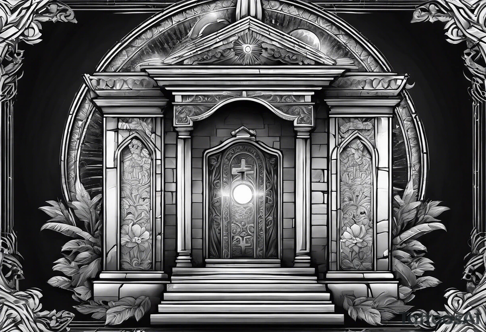 Tomb with cross and sun in the background tattoo idea