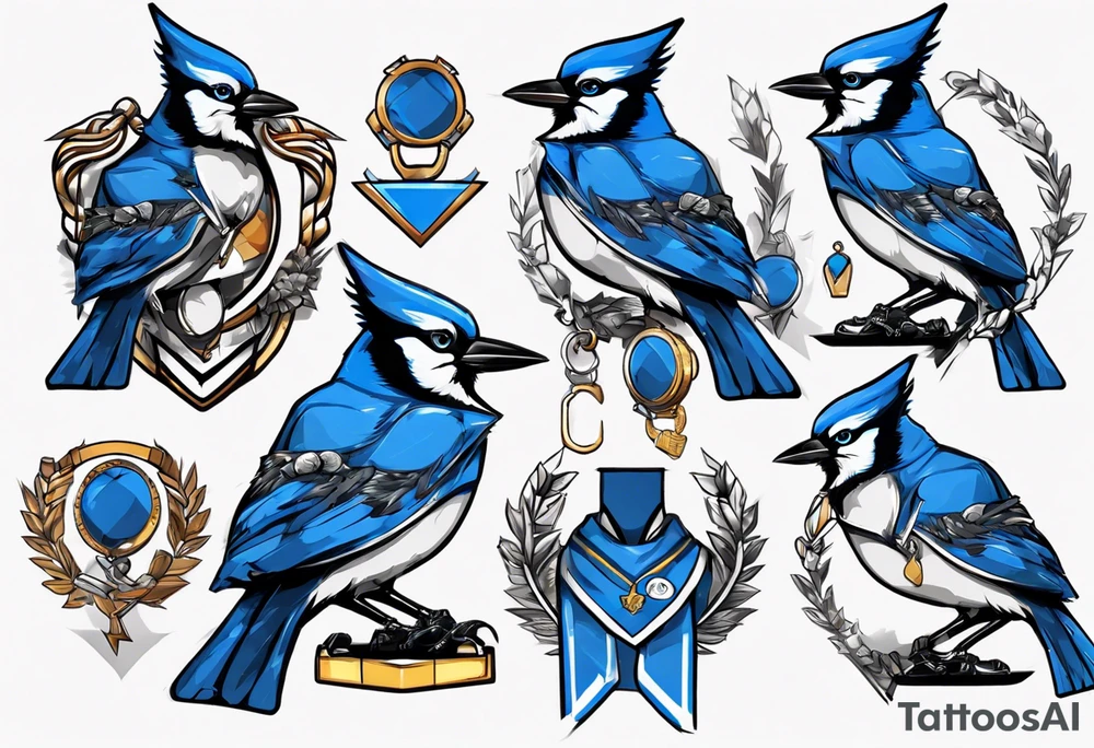 bluejay in a suit with a medal on around neck tattoo idea