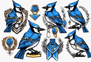 bluejay in a suit with a medal on around neck tattoo idea