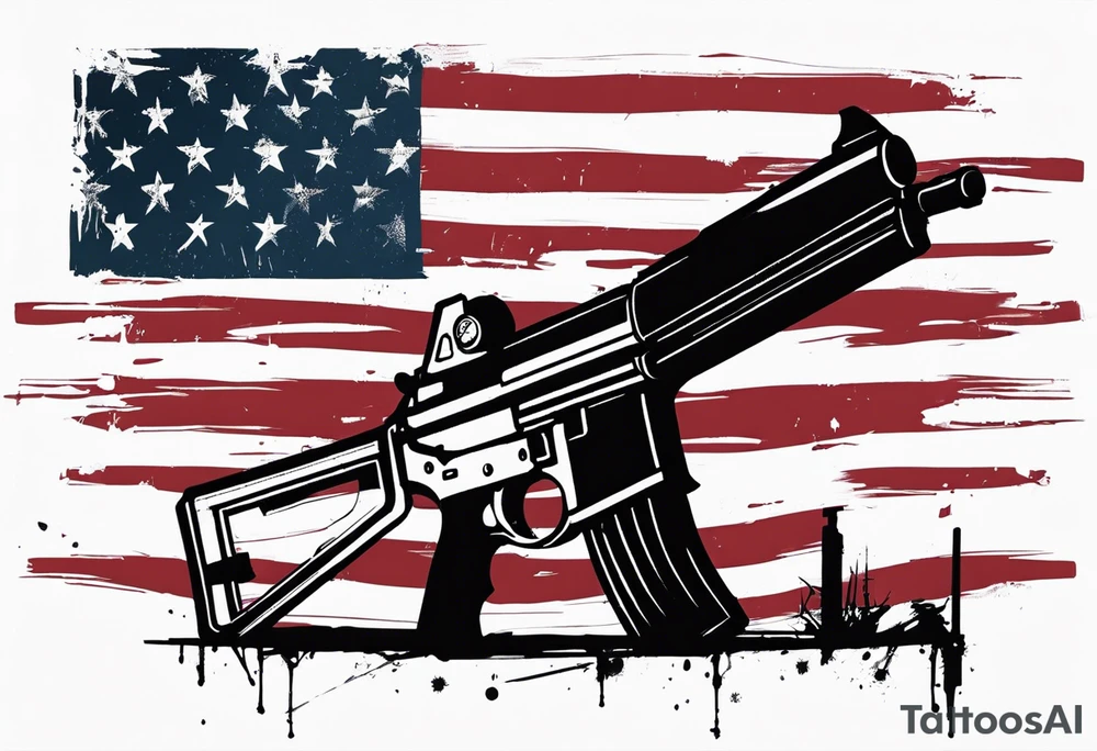 Distressed American flag behind a cross with 2 guns leaned on it simpler tattoo idea