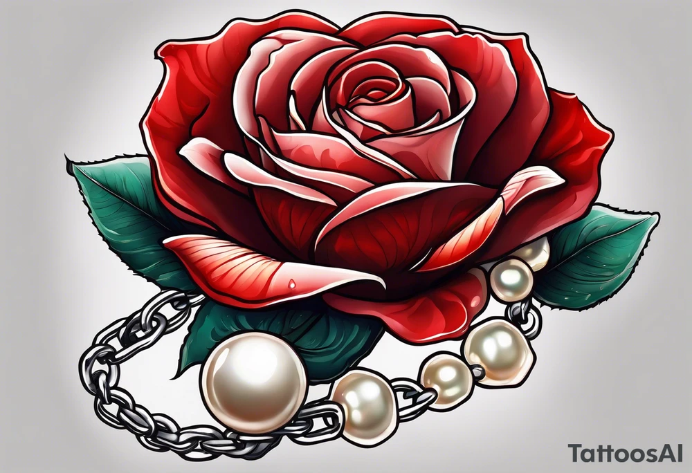 Red rose with a chain made of pearls and seashell tattoo idea