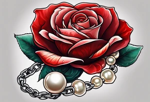 Red rose with a chain made of pearls and seashell tattoo idea