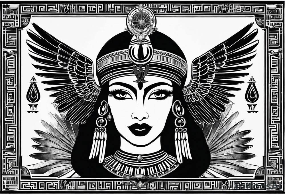 black and white Egyptian goddess Isis, who is often depicted as a woman with outstretched wings, holding an ankh (a symbol of life) in one hand and a lotus flower in the other. Her headdress often includes a throne or a solar disk. The tattoo design can vary in style and size, but it typically aims to capture the essence of this revered Egyptian deity, emphasizing her beauty, power, and maternal qualities. The choice of colors and additional elements can also be customized to create a unique and visually striking representation of the goddess Isis tattoo idea