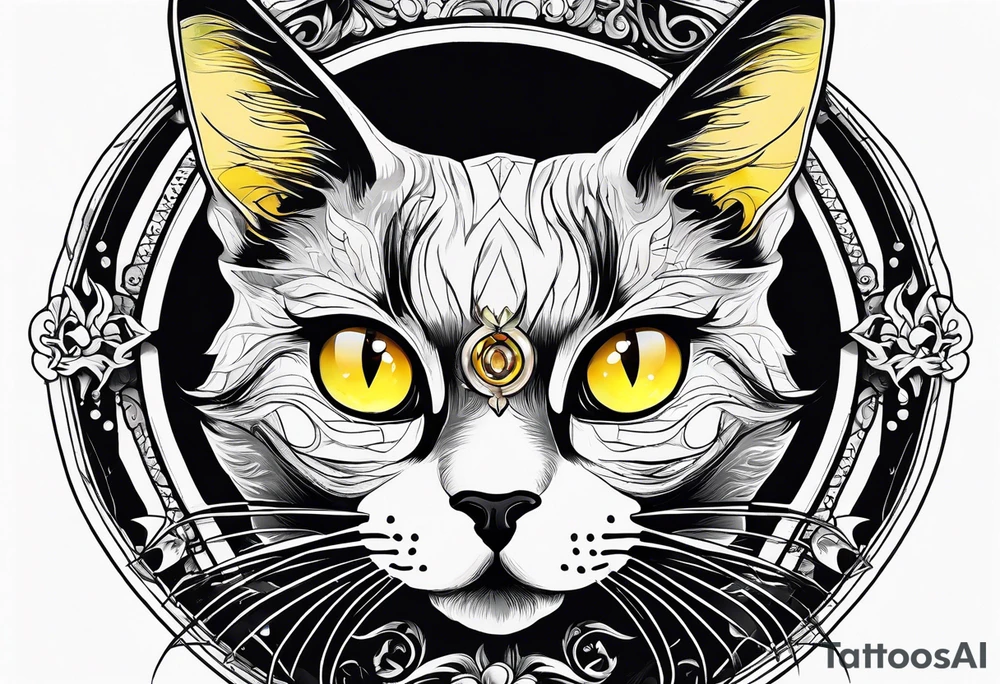 Black Cat with yellow eyes, cat's eye nebula in background tattoo idea