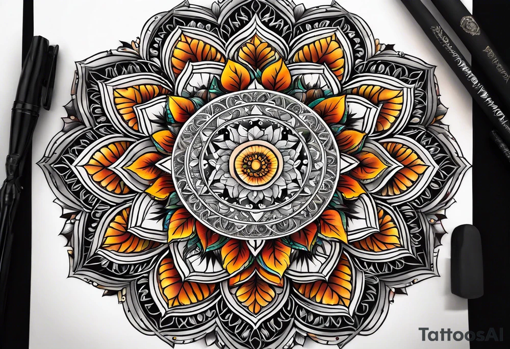male moon mandala Knee tattoo in fall colors tattoo idea