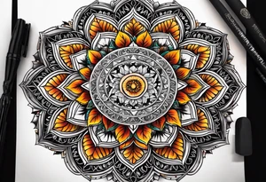 male moon mandala Knee tattoo in fall colors tattoo idea