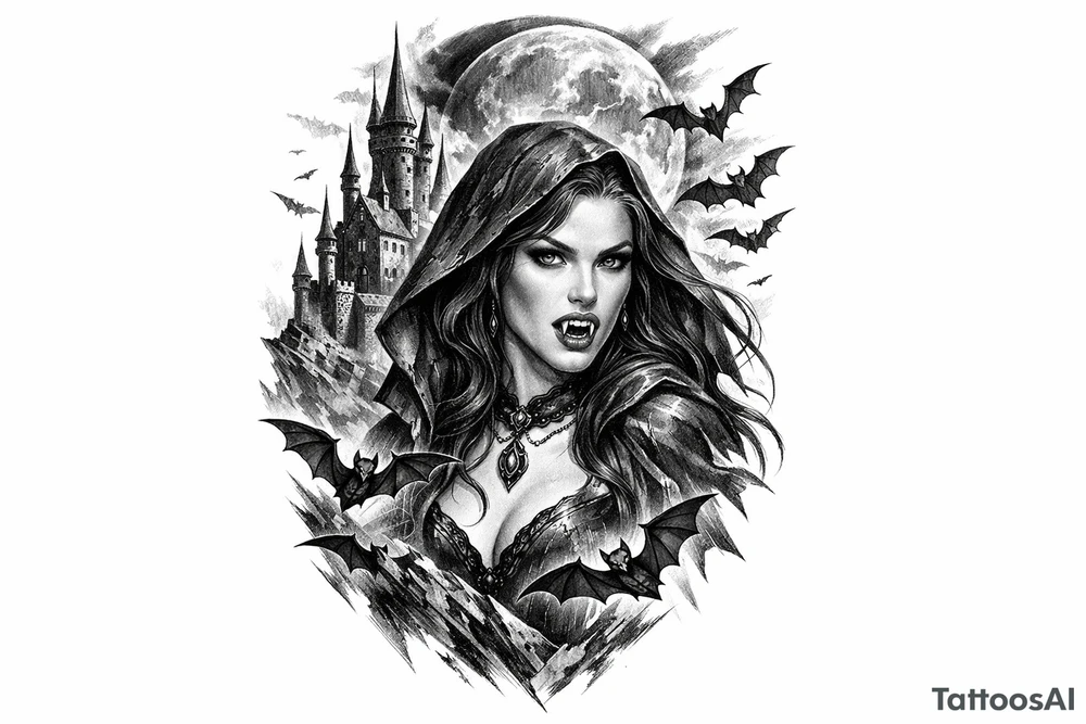 female vampire,bats,full moon,a castle. tattoo idea