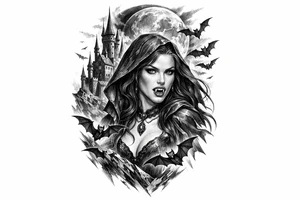 female vampire,bats,full moon,a castle. tattoo idea