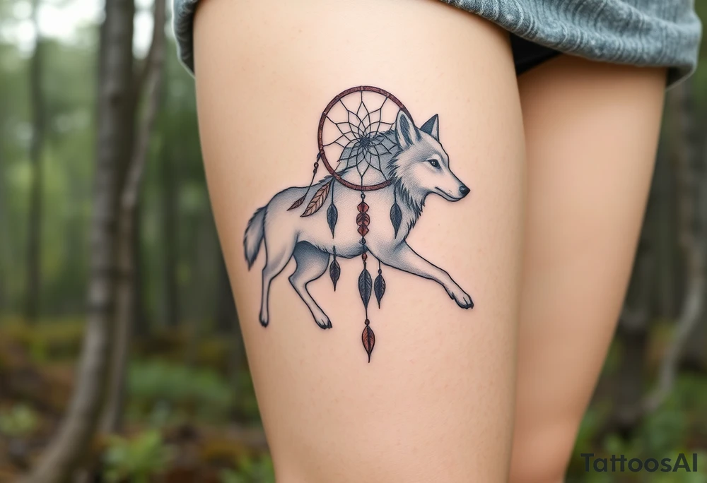 A wolf running through the woods, with dreamcatcher rings woven into the landscape. The wolf’s fur is shaded in shades of gray and white, while the dreamcatcher is adorned with green leaves and earthy brown tones tattoo idea