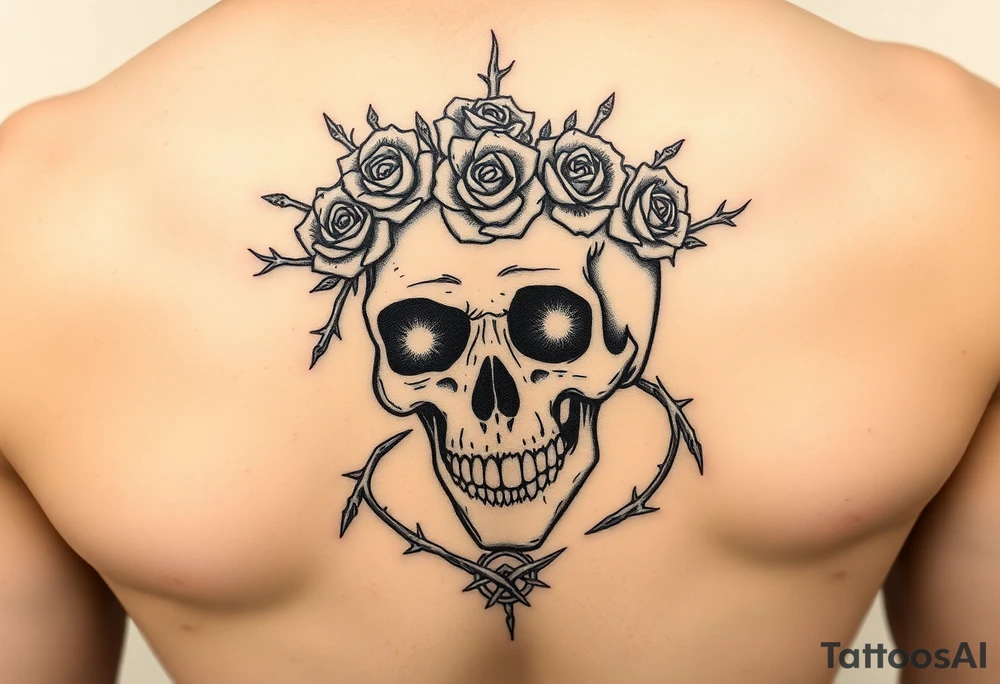 ornate skull adorned with crown of wild roses and thorns tattoo idea