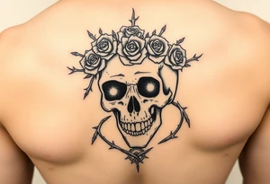 ornate skull adorned with crown of wild roses and thorns tattoo idea