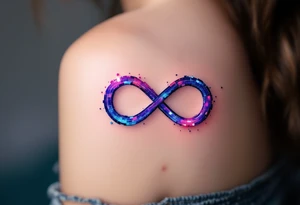 A glitch-effect infinity, made of fragmented pixels in neon blue and purple, representing a digital love that never fades. tattoo idea