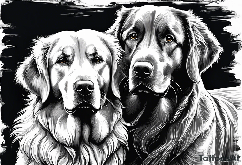 Two dogs. One happy dark colored golden retriever. The other is a yellow Labrador. tattoo idea