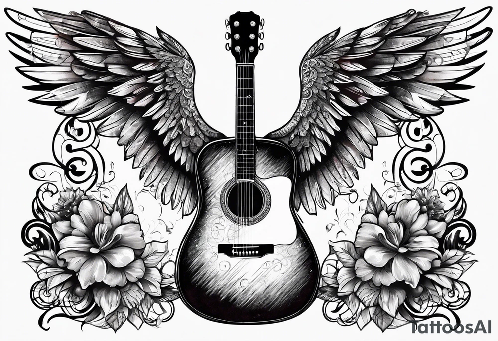 Microphone and musical notes and guitar and wings and female tattoo idea
